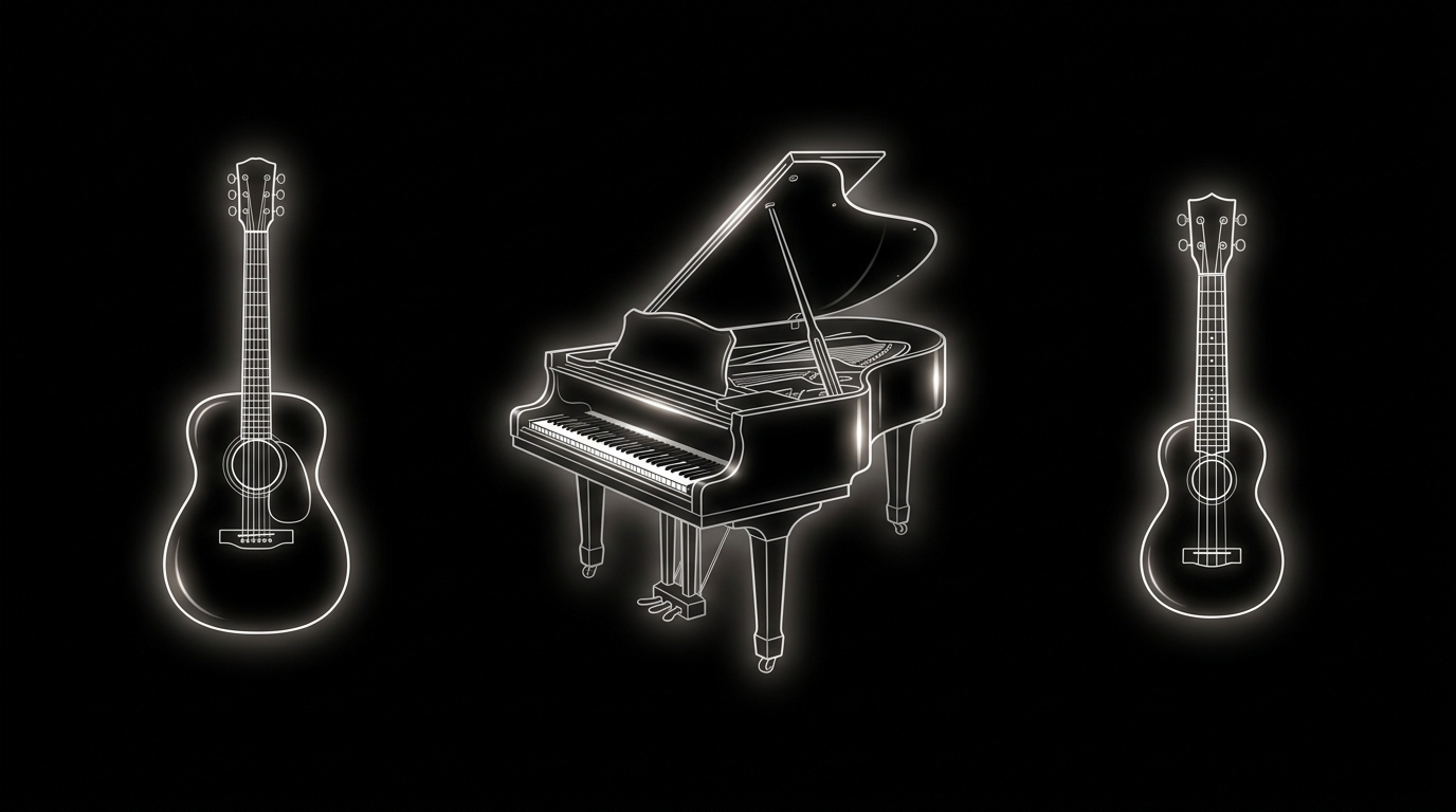 Guitar, Piano, and Ukulele illustrations